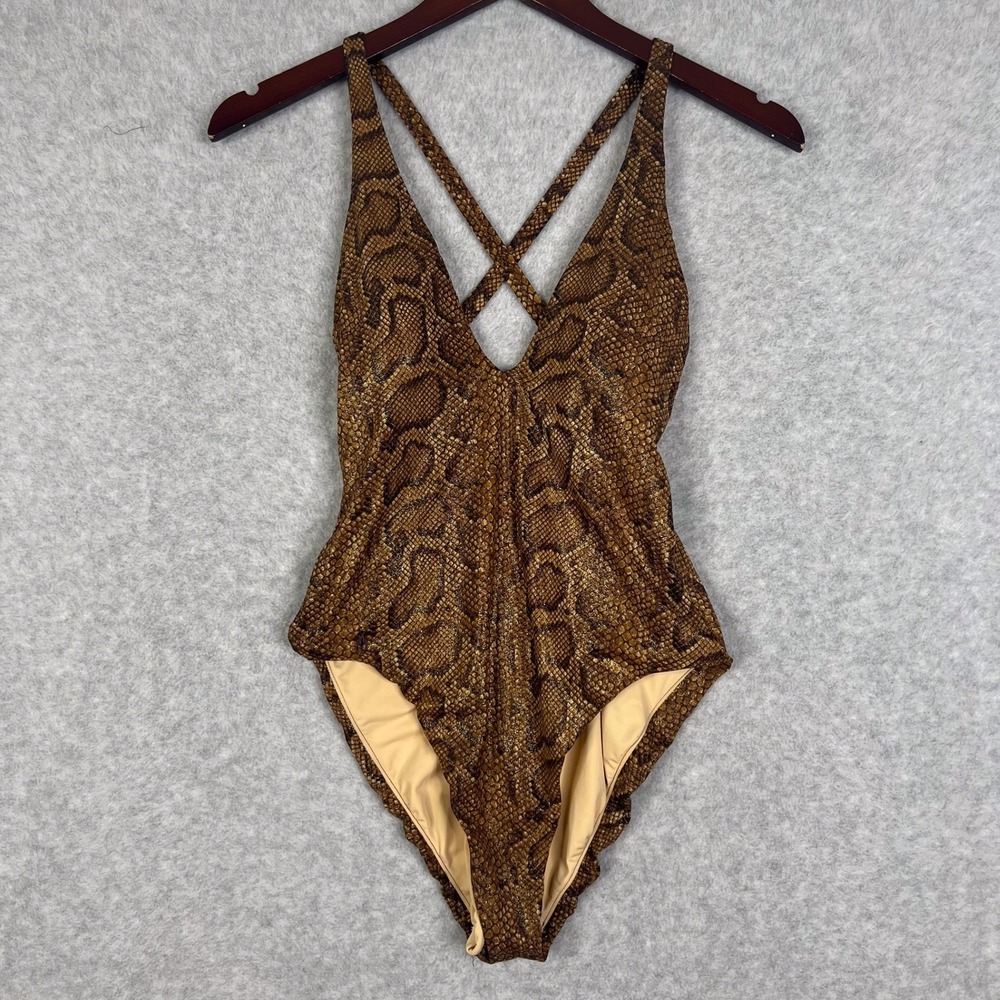 Polo Ralph Lauren Snakeskin One Piece Swimsuit Brown Metallic Gold Size Small